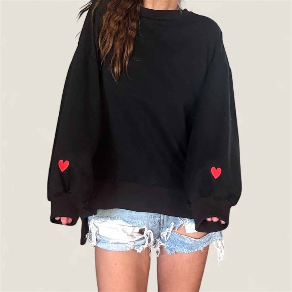 Wren + Glory “Taken” Black Sweatshirt with Red Heart Details